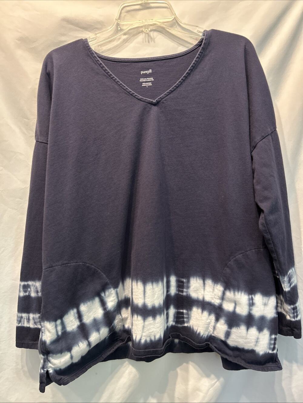 Pure Jill Size Lg V-Neck Navy/White Tie-Dye With Pockets Long Sleeve Shirt